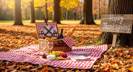 Cozy Thanksgiving picnic spread set in a vibrant autumn park, featuring a classic checkered blanket, wicker basket, wine, gourmet cheese, and baguette amidst golden fall foliage and dappled sunlight