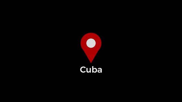 Cuba map location pin animation. Cuba country name text down location pin pointer icon black background 4K video.