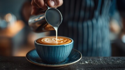 Barista pouring latte art into cup in cozy coffee shop close-up shot warm lighting culinary craftsmanship