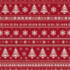 Festive Red Christmas Pattern with Snowflakes and Christmas Trees for Holiday-Themed Designs and Seasonal Decorations