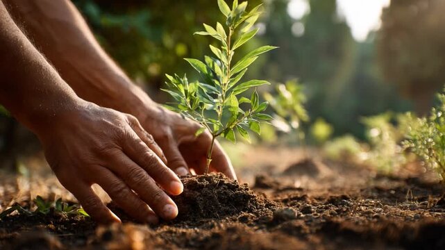 Planting Hope: A pair of hands tenderly plants a sapling, symbolizing growth and the interconnectedness of nature and humankind.