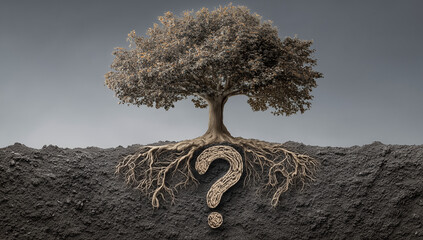 Tree with roots shaped like question marks wisdom concept