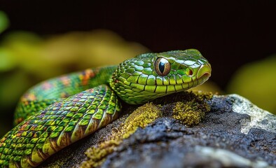 Fototapeta premium close-up of vibrant green and multicolored snake resting on a mossy rock with sharp, detailed scales and focused eye