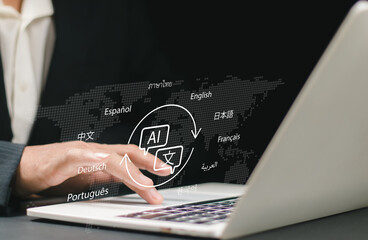 Multilingual Language Translation, Communication Concept. Man using laptop with icons various languages, global language translate, multilingual technology, international connections, AI translator,