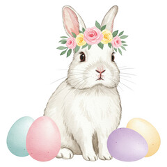 Obraz premium Watercolor white bunny wearing floral crown sits beside pastel colored Easter eggs isolate