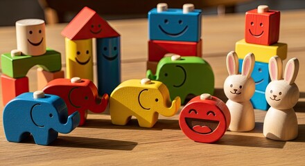 Colorful Wooden Toy Blocks and Animals for Childrens Educational Playtime