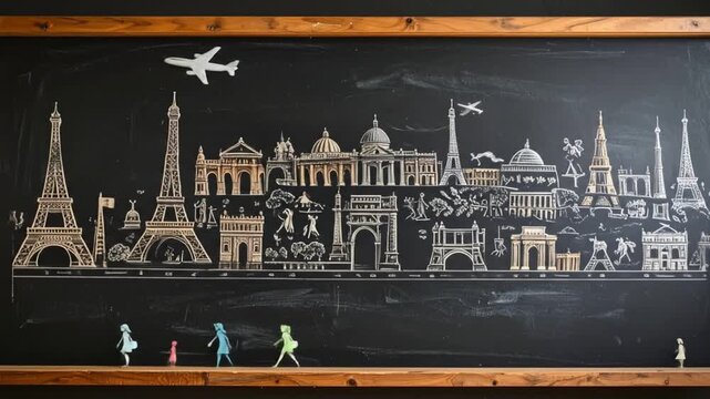 World Landmarks Drawn on a Chalkboard, People Walking