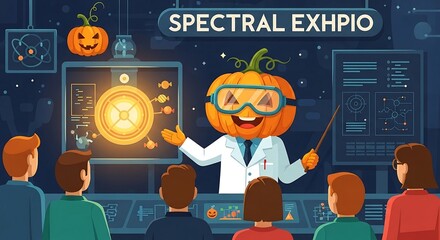 Pumpkin scientist presenting spectral exhphio to students in lab halloween science illustration autumn teaching back to school educational materials