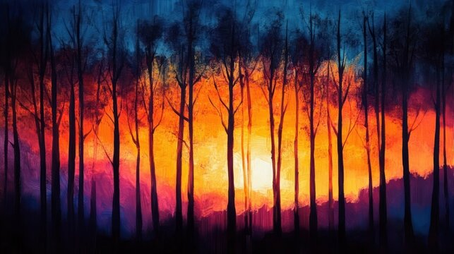 Silhouettes of tall trees against a vibrant sunset sky blending deep blue, purple, orange, and yellow hues evoking a peaceful and captivating forest scene