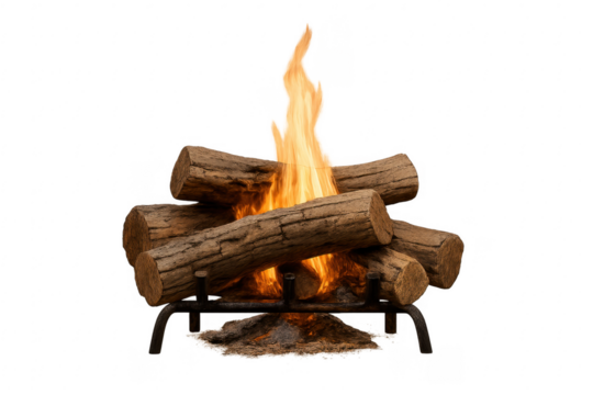 Burning logs creating flame and warmth on transparent background