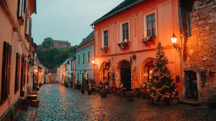 Charming European Streetscape at Dusk, Capturing Tranquility and Warmth