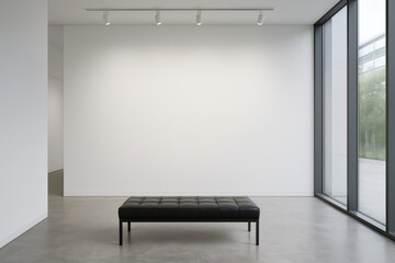 Minimalist modern art gallery interior with black leather bench and large blank white wall under ceiling spotlights near glass windows. Ai generative