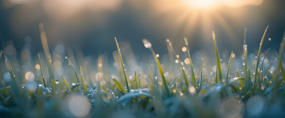 Sparkling morning dew on vibrant green grass blades kissed by gentle golden sunbeams, creating a serene and refreshing natural scene.