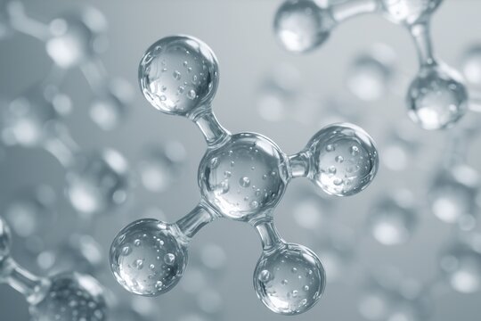 Transparent molecular structure with water-like spheres connected in a chemical model on a soft gradient background. Ai generative. Ai generative