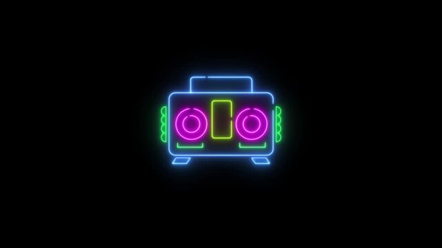 Neon glowing audio player radio icon . ghetto blaster in retro neon over dark background. Technology concept neon icon animated on black background.