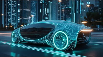 Futuristic electric concept car with glowing neon wheels and digital grid design driving through modern smart city at night
- Powered by Adobe
