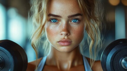Obraz premium close-up of determined young woman with blue eyes and freckles holding dumbbells at gym with blurred background