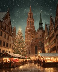 Obraz premium Magical Christmas market scene with festive decorations and a historic church on a snowy evening