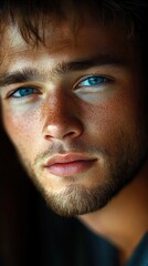 Obraz premium Close-up portrait of a young man with striking blue eyes, light facial hair, and a contemplative expression, showing detailed skin texture and a warm natural light