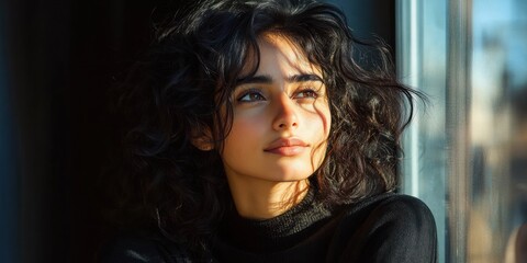 Portrait of a young woman with curly hair looking thoughtfully out of a window with warm sunlight illuminating her face