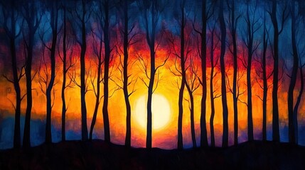 silhouettes of bare trees against a vibrant sunset with a glowing sun and colorful sky transitioning from orange and yellow to deep blue