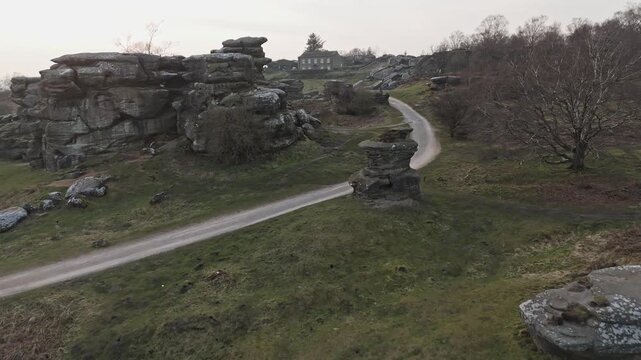 Aerial pov of Brimham Rocks National park in the United Kingdom.
