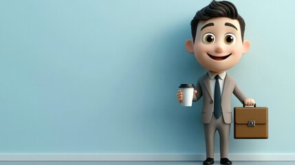 Smiling cartoon businessman in a gray suit holding a coffee cup and briefcase standing against a light blue wall