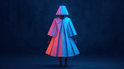 A stylized paper figure in a colorful dress stands against a dark backdrop, showcasing an artistic blend of shapes and lighting.