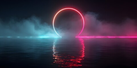 Obraz premium 3d render, abstract neon background with a glowing round frame in blue and purple colors on a black background. 