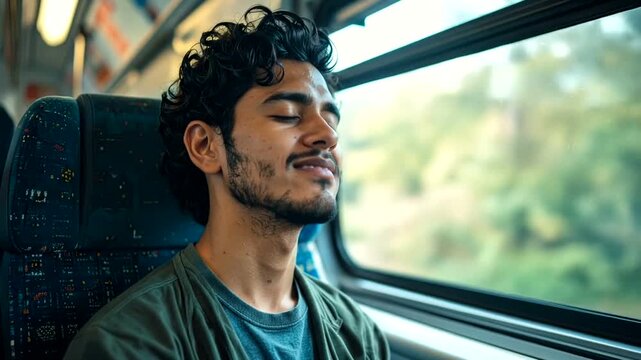 Young man with eyes closed enjoys a peaceful nap while traveling by train.