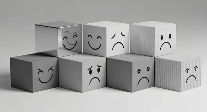 Emotional cubes displaying different mood expressions representing emotional intelligence and reactions