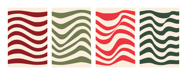 Groovy wave stripe set Christmas color . Hand drawn groovy, hippie backgrounds. Distorted uneven stripes, warped streaks, fluid liquid wavy lines, doodle waves. Striped rectangle templates collection.