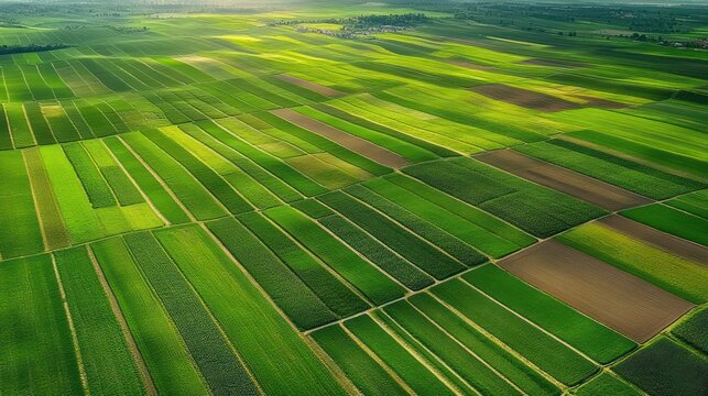 Aerial view of expansive agricultural fields with various shades of green and brown, showcasing organized farmland under soft sunlight