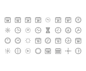 Duration icon set. Contains outline symbols like schedule, day, countdown, sandglass, calendar, time and more. Time simple icon set. Minimal icons pack. Pixel perfect. 