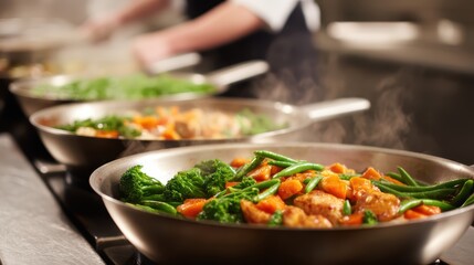 A chef prepares colorful vegetable dishes in steaming pans, showcasing vibrant ingredients and culinary expertise.