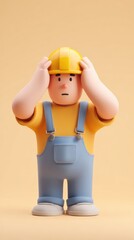 Construction worker in distress, holding head, looking worried.
