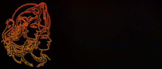 glowing neon outline of Lord Shiva and Goddess Parvati (Shiva-Parvati) in warm red and orange tones against a dark black background