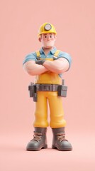 Construction worker in yellow overalls and helmet stands confidently.