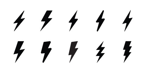 Vector lightning bolt icon set, Electric energy symbol, Power flash silhouette collection