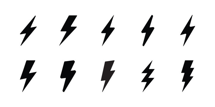 Vector lightning bolt icon set, Electric energy symbol, Power flash silhouette collection