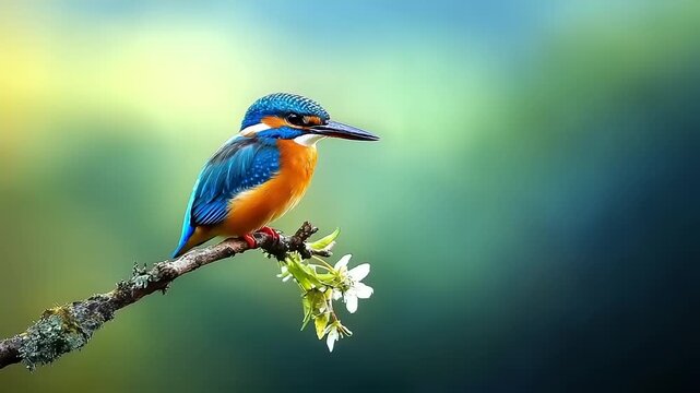 Vivid kingfisher perches on a branch amidst spring blossoms.