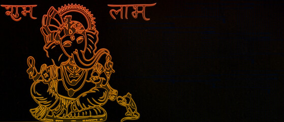 neon-style outline of Lord Ganesha in warm orange and gold on a black background, with the words शुभ लाभ (Shubh Labh) glowing above