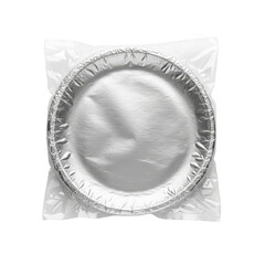 Round aluminum foil pie pan plate baking dish takeout container food packaging silver metallic isolated on transparent background