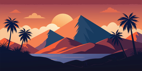 Mountain landscape with palm trees and lake at sunset