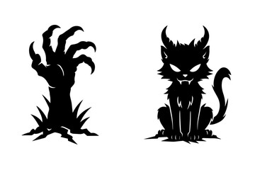 Set of two menacing Halloween silhouettes: a clawed monster hand rising from the ground and a horned, fanged black cat, conveying horror, scary themes, and spooky holiday graphics