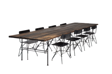 Long wooden table with metal chairs