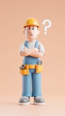 Construction worker with a question mark, pondering a problem.