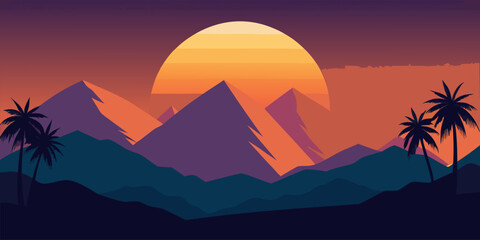 Fototapeta premium Retro Sunset Over Mountains with Palm Trees silhouette