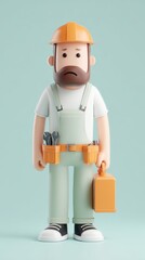 Construction worker with tools and toolbox standing ready for work.