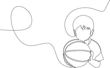Continuous line drawing. A young boy practising basketball. Vector illustration.